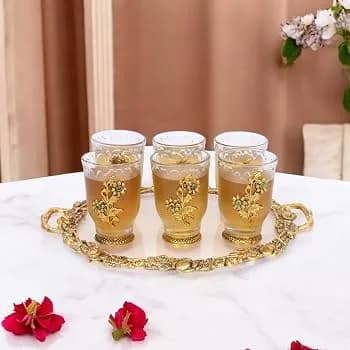 German Silver -- Set of 6 Glasses with Decorative Tray -- Golden — 3