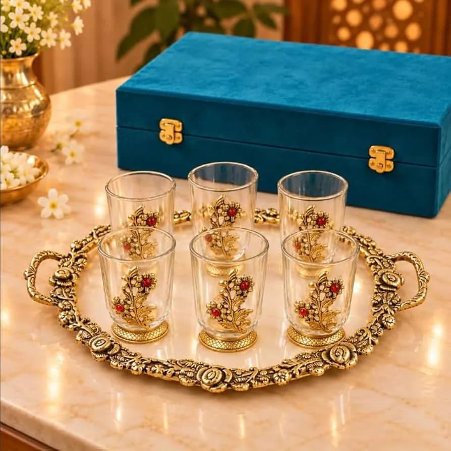 German Silver -- Set of 6 Glasses with Decorative Tray -- Golden