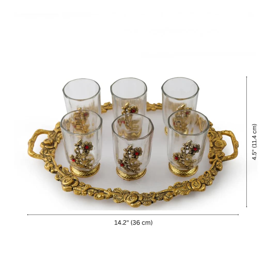 German Silver -- Set of 6 Glasses with Decorative Tray -- Golden — 6
