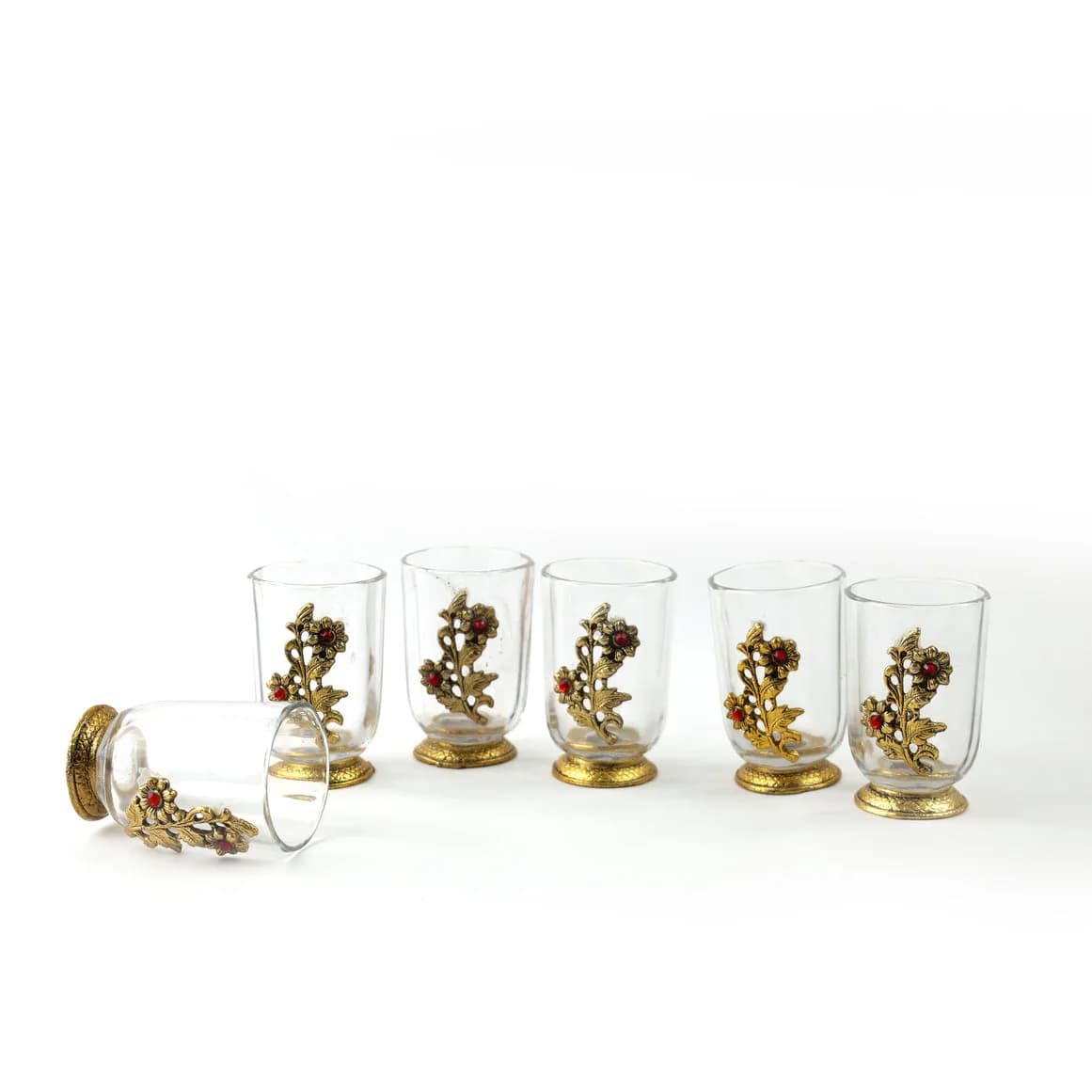 German Silver -- Set of 6 Glasses with Decorative Tray -- Golden — 7