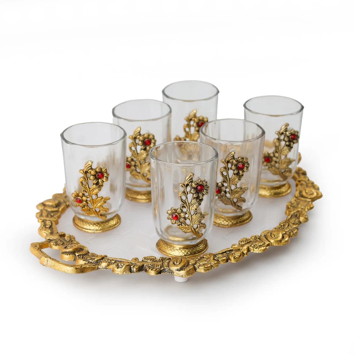 German Silver -- Set of 6 Glasses with Decorative Tray -- Golden — 4