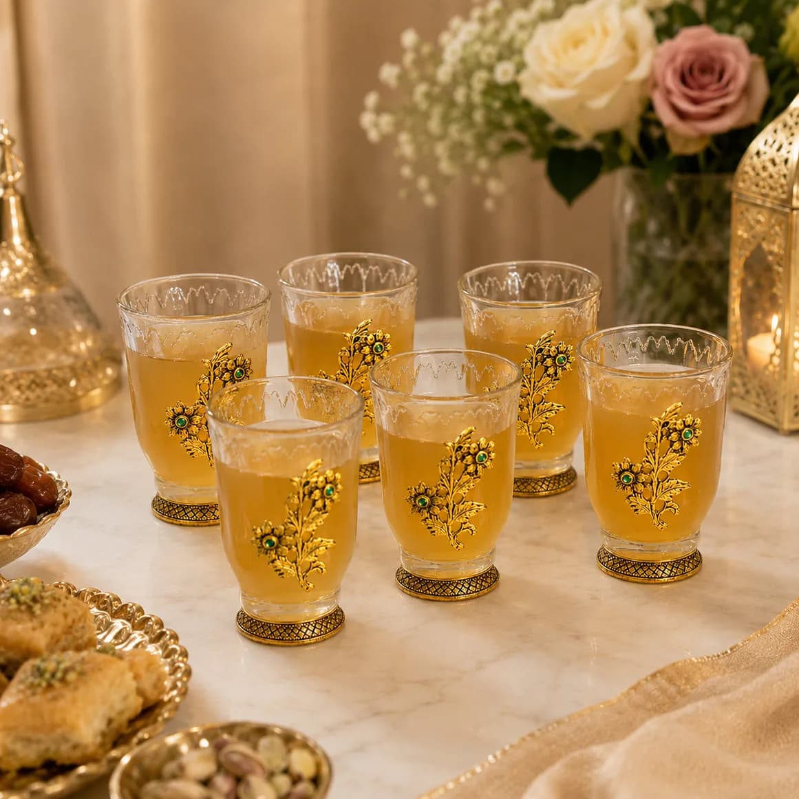 German Silver -- Set of 6 Glasses with Decorative Tray -- Golden 2