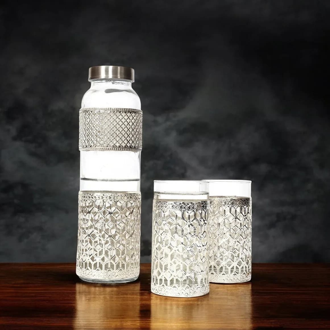 Handcrafted German Silver Glass Water Bottle Set with 2 Glasses - 1 Liter Traditional Indian Drinkware for Gifting & Hom — 2