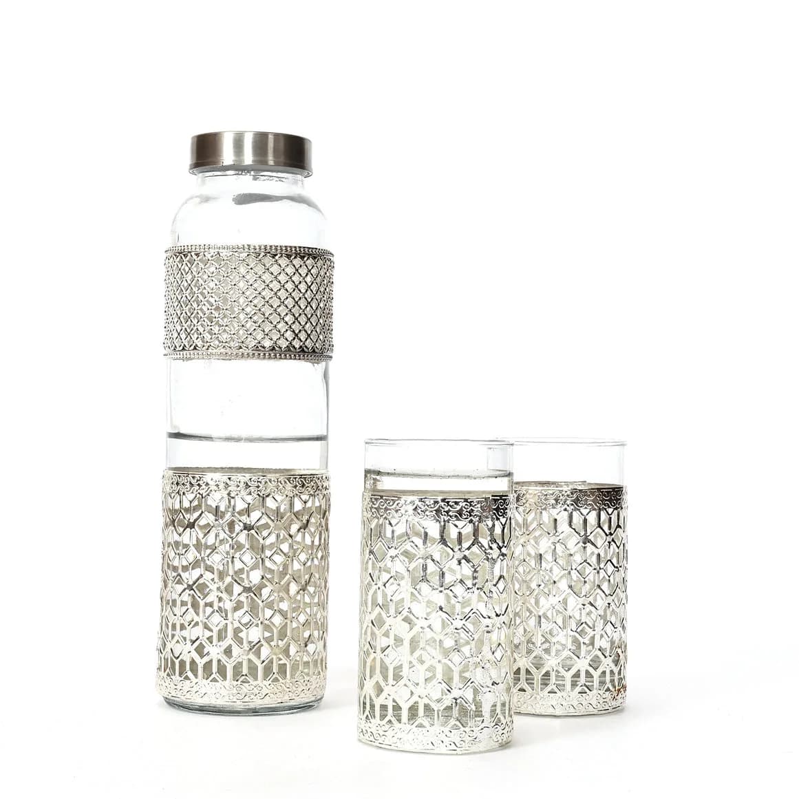 Handcrafted German Silver Glass Water Bottle Set with 2 Glasses - 1 Liter Traditional Indian Drinkware for Gifting & Hom
