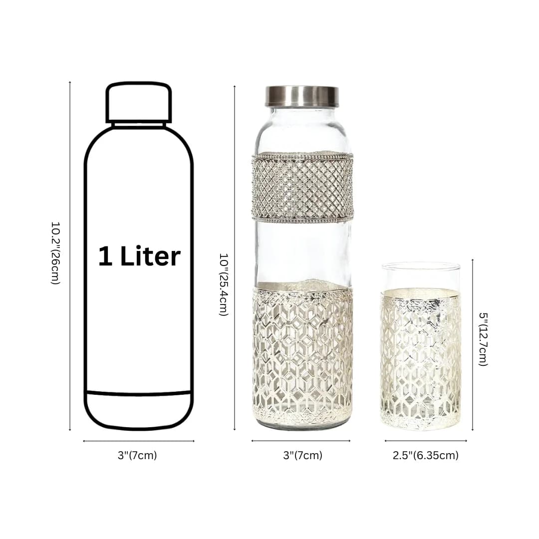 Handcrafted German Silver Glass Water Bottle Set with 2 Glasses - 1 Liter Traditional Indian Drinkware for Gifting & Hom — 3