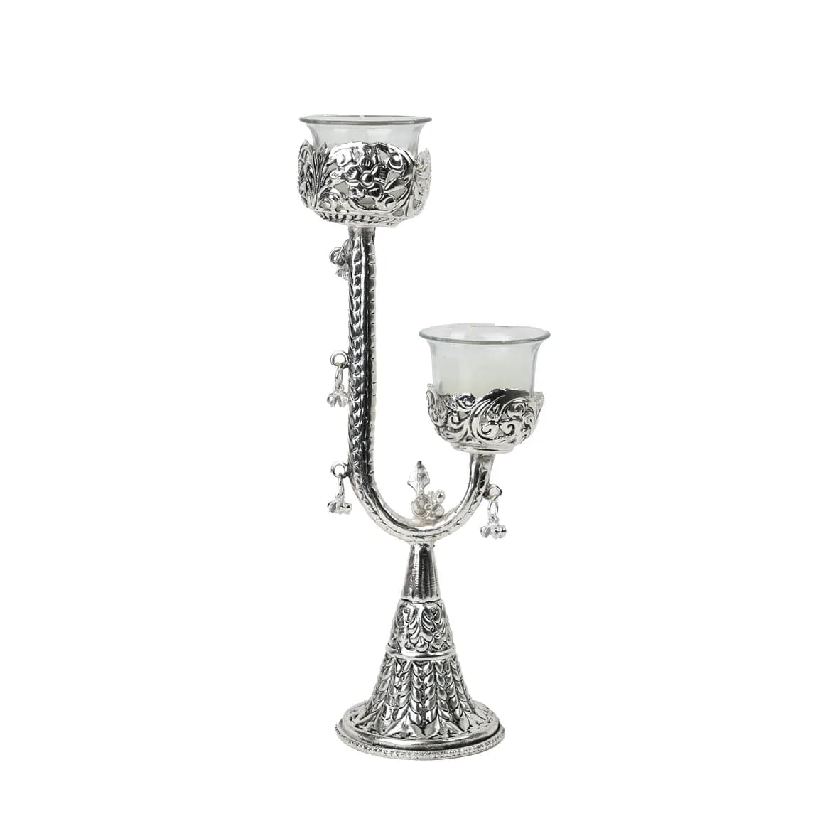 Artisan Crafted German Silver Twin Candle Stand – Premium Velvet Gifting Box