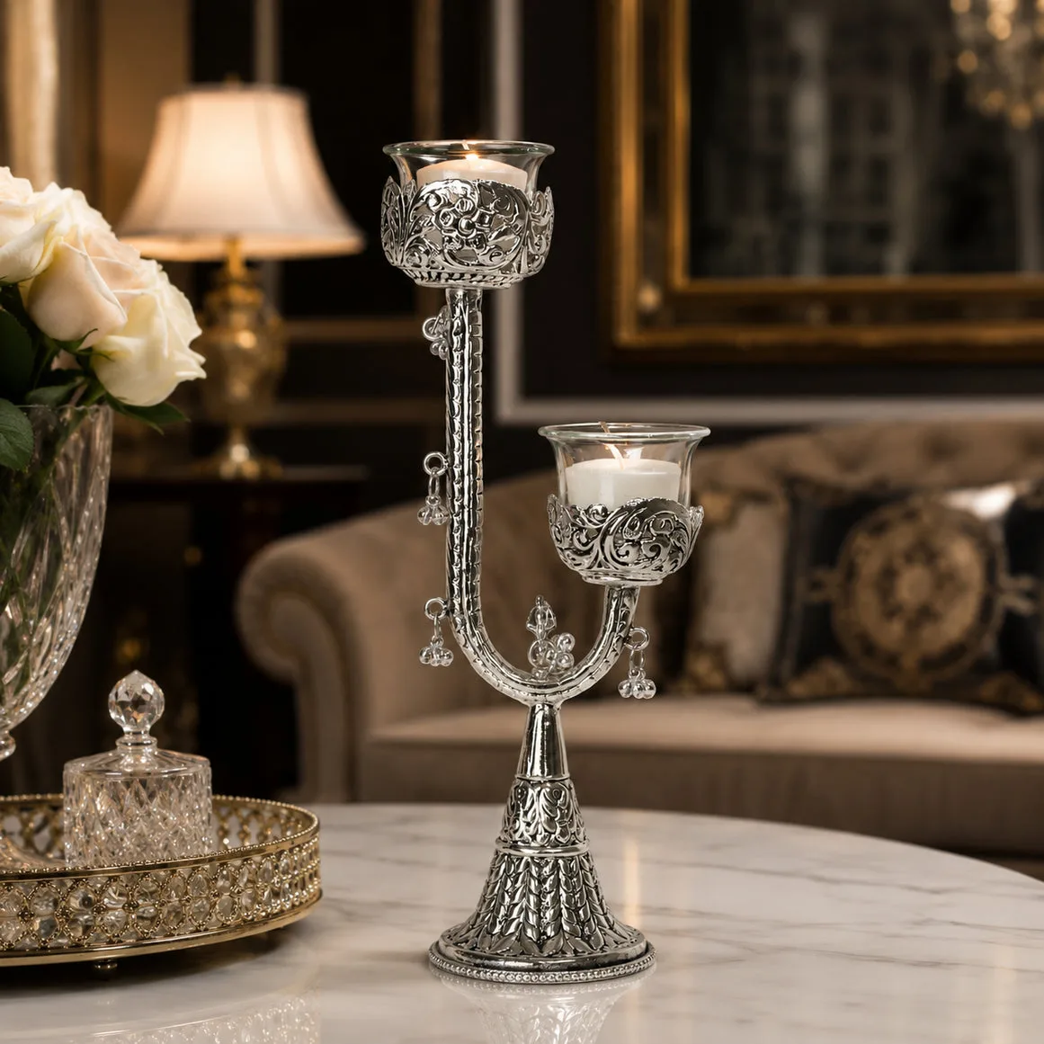 Artisan Crafted German Silver Twin Candle Stand – Premium Velvet Gifting Box — 4