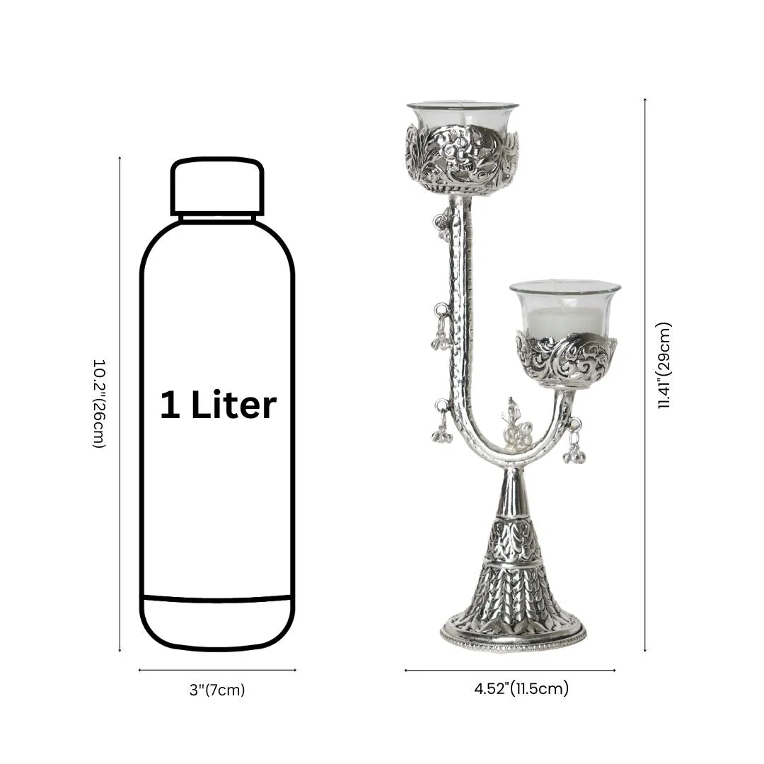 Artisan Crafted German Silver Twin Candle Stand – Premium Velvet Gifting Box — 2