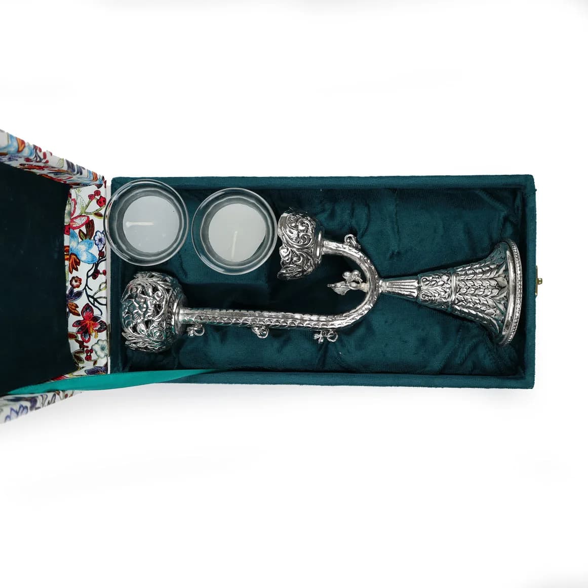 Artisan Crafted German Silver Twin Candle Stand – Premium Velvet Gifting Box — 3