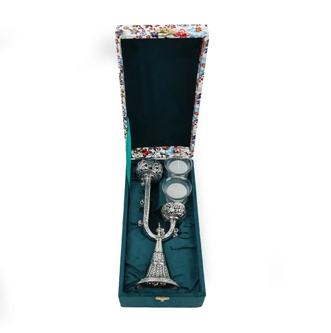 Artisan Crafted German Silver Twin Candle Stand – Premium Velvet Gifting Box — 5