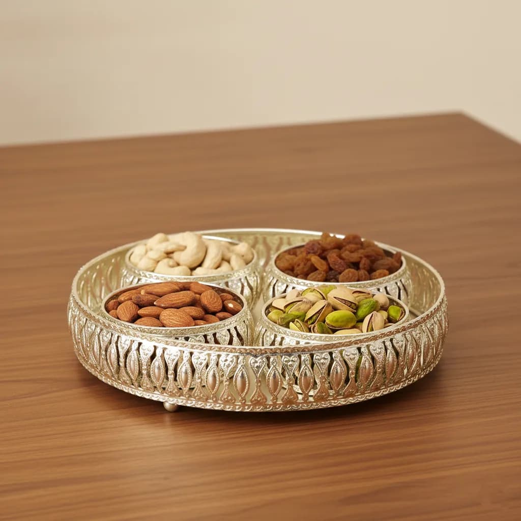 German Silver Dry Fruit Platter and Bowl Set (Without Lid) - Home Decor Item