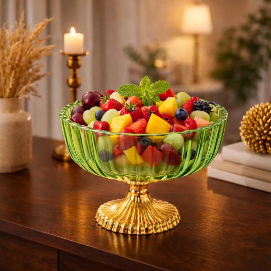 Green Decorative Glass Fruit Bowl – Elegant Centerpiece for Dining and Home Decor