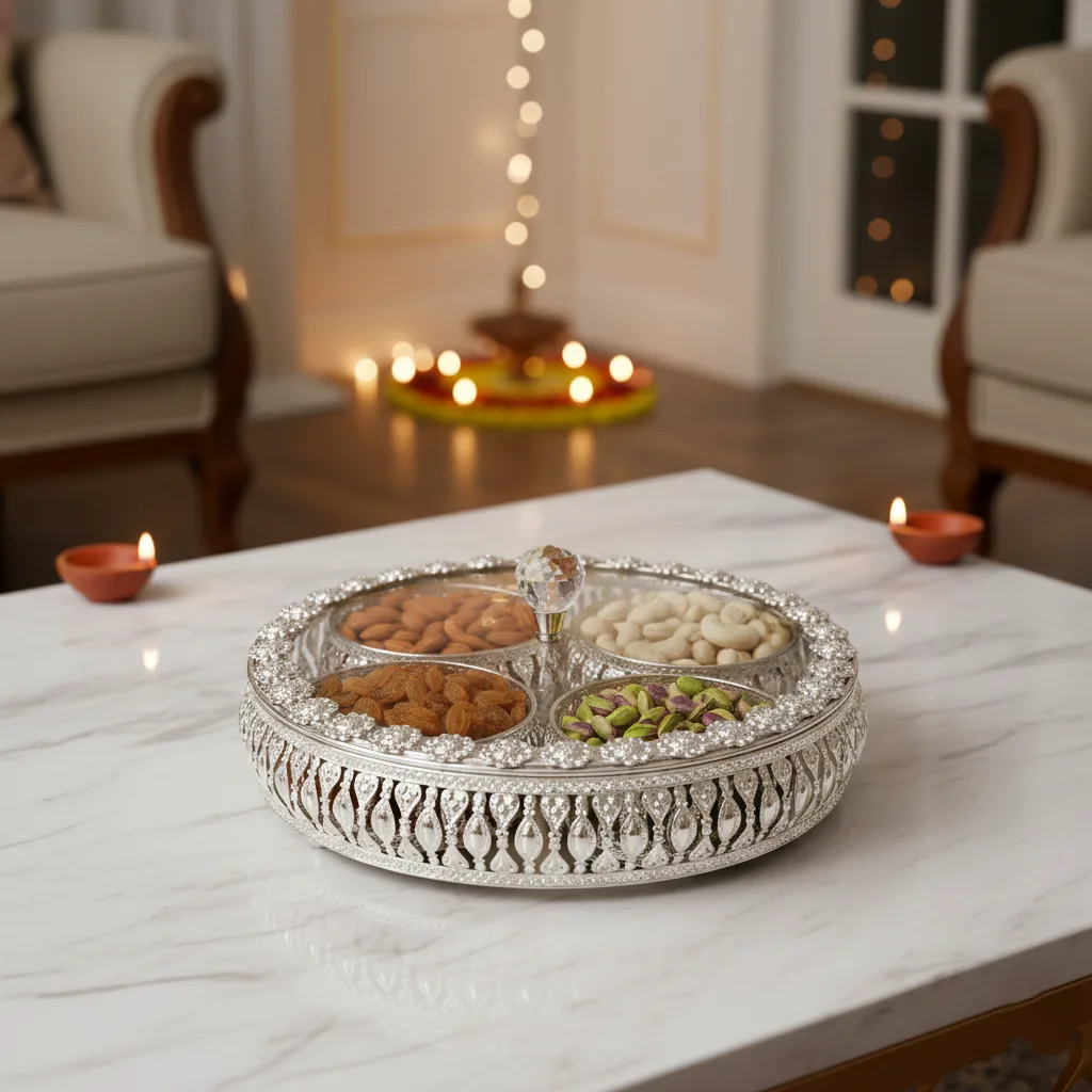 German Silver Dry Fruit Platter and Bowl Set (with Lid)- Home Decor Item — 4