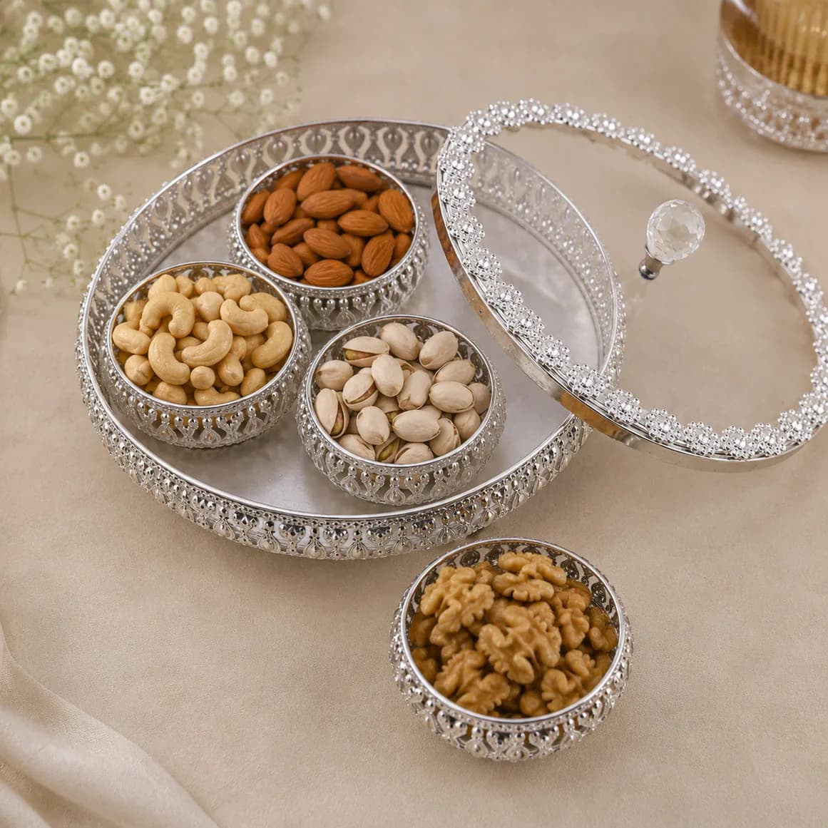 German Silver Dry Fruit Platter and Bowl Set (with Lid)- Home Decor Item