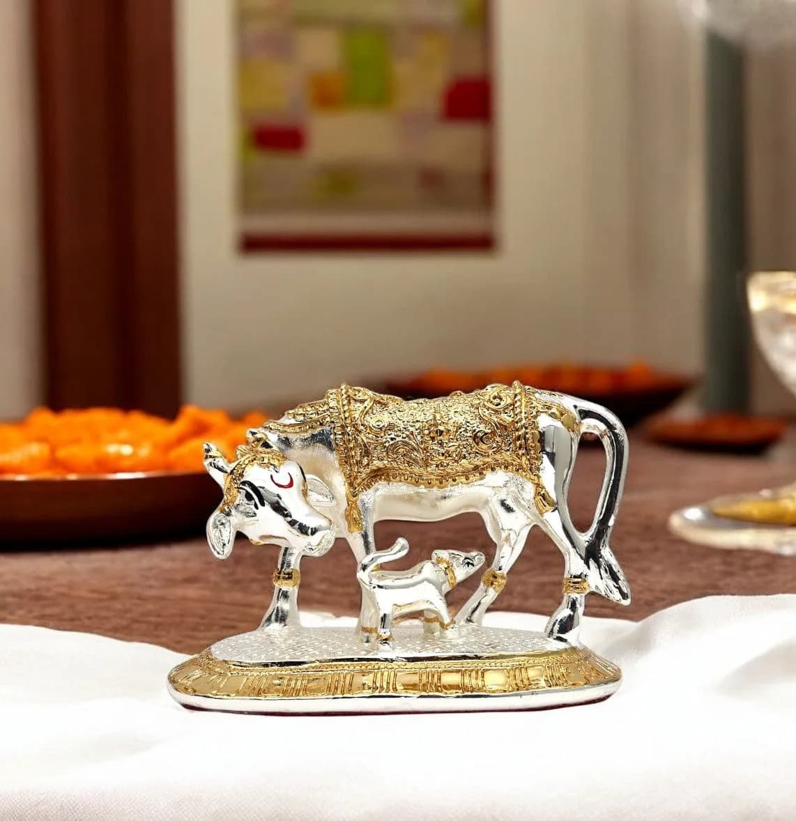 Medium Sized Kamdhenu Cow and Calf - Silver-Coated and Golden Detailing - Spiritual and Home Decor