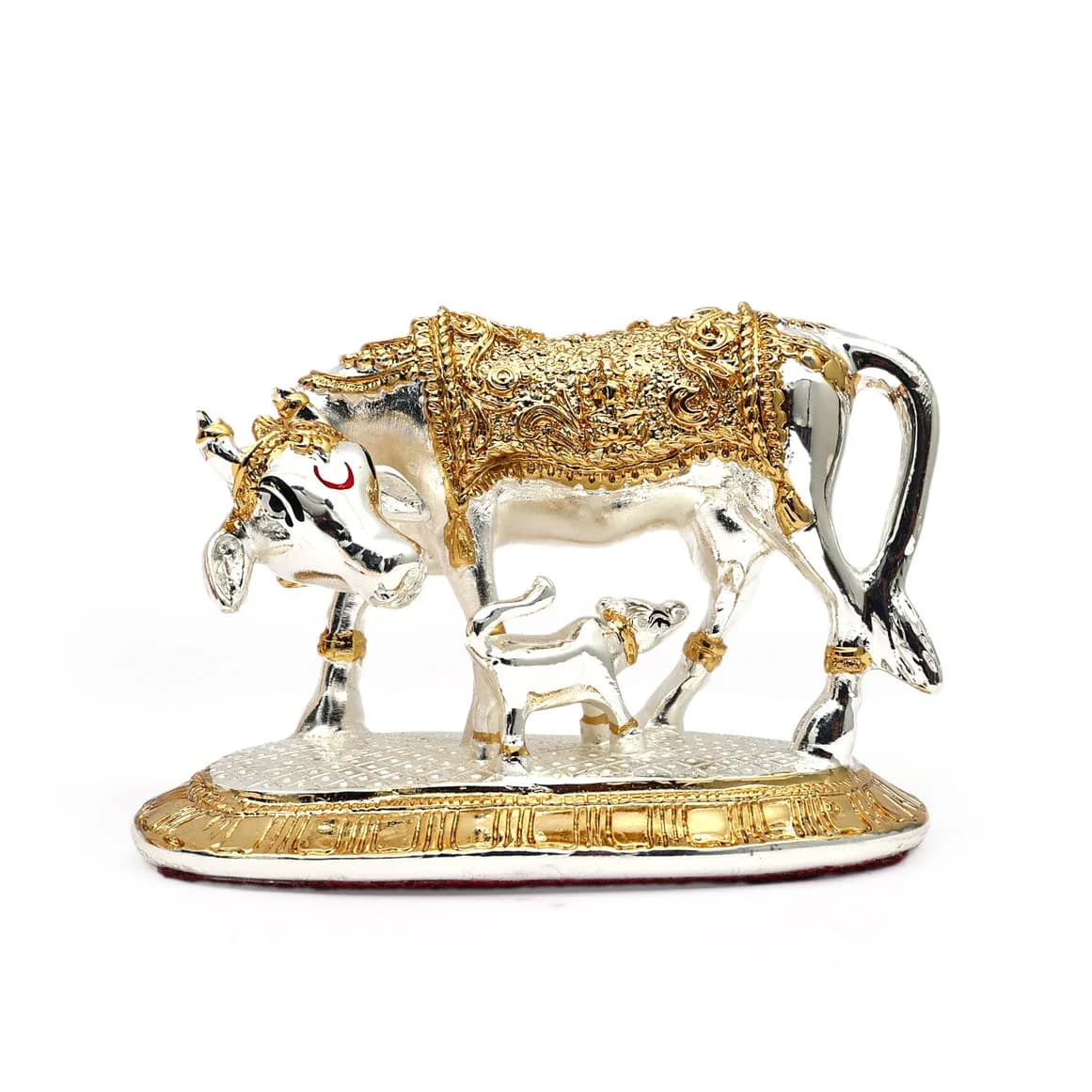 Medium Sized Kamdhenu Cow and Calf - Silver-Coated and Golden Detailing - Spiritual and Home Decor — 4