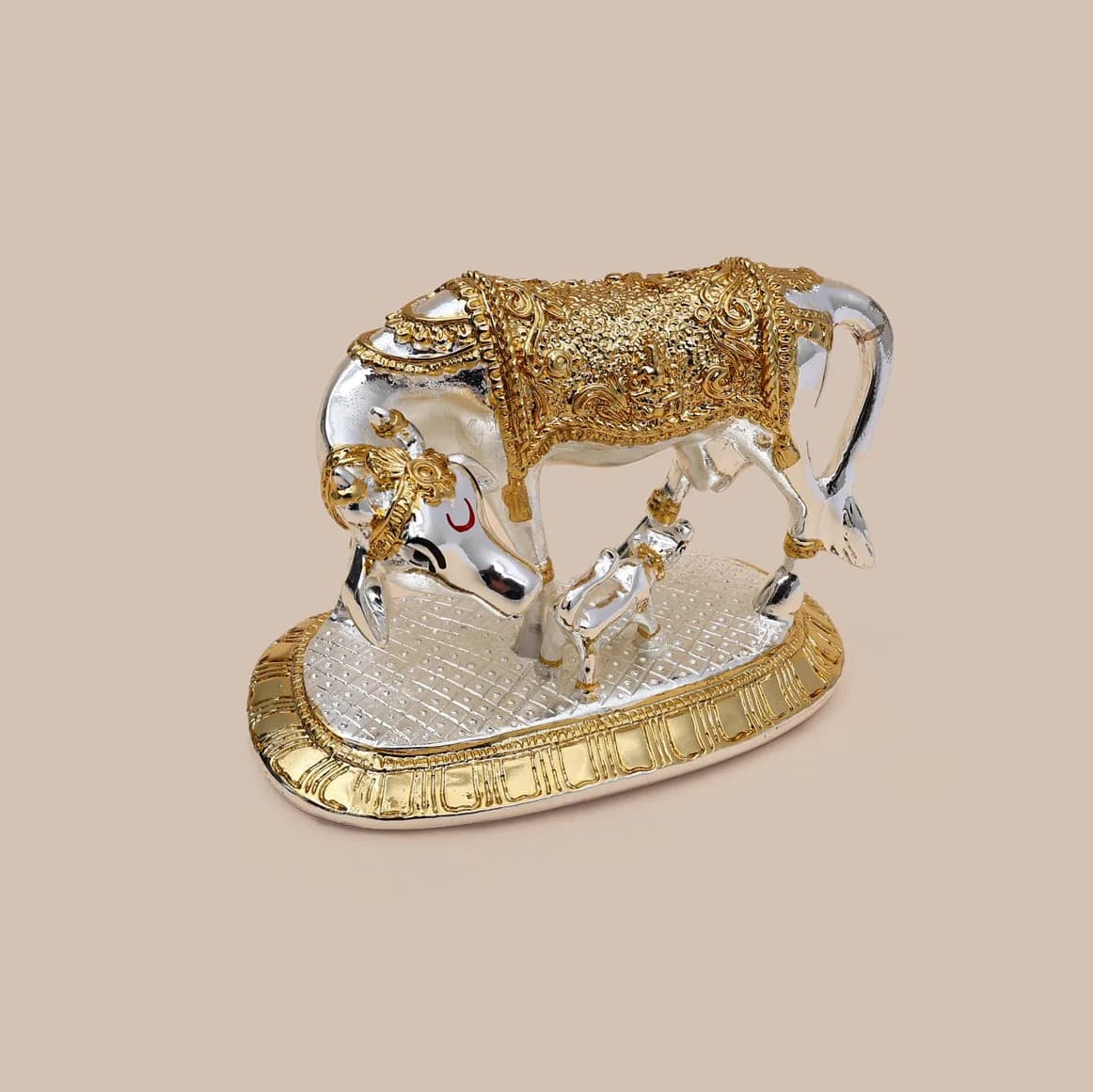 Medium Sized Kamdhenu Cow and Calf - Silver-Coated and Golden Detailing - Spiritual and Home Decor — 3