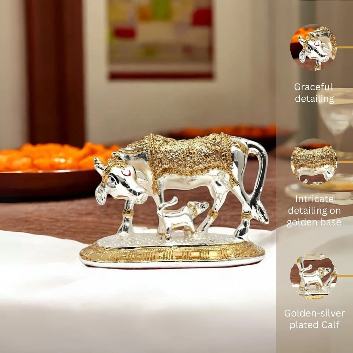Medium Sized Kamdhenu Cow and Calf - Silver-Coated and Golden Detailing - Spiritual and Home Decor — 2