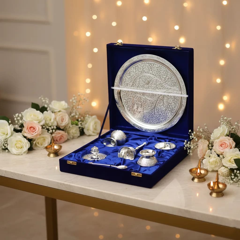 Silver plated Brass Pooja Thali set with Velvet Box (7 piece)