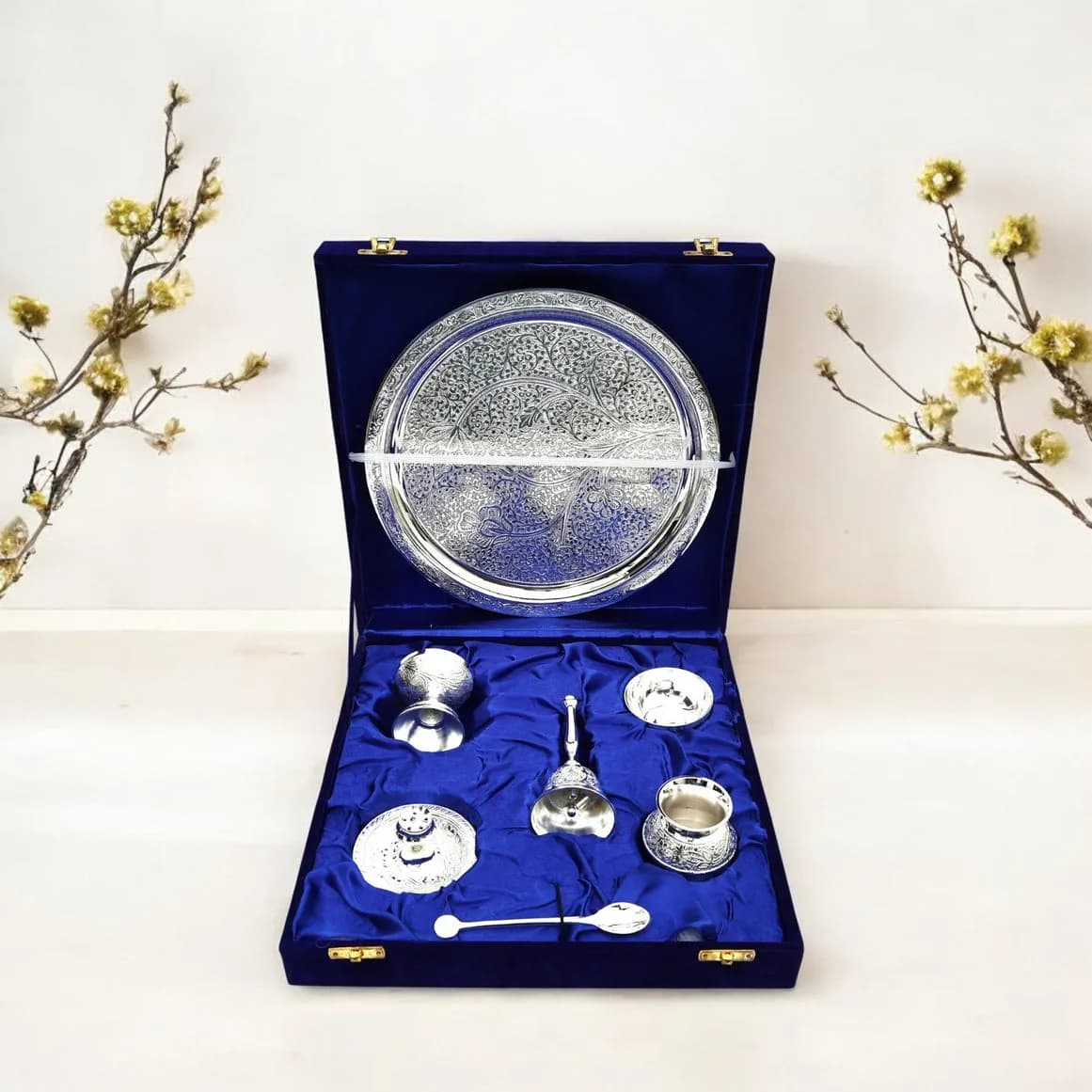 Silver plated Brass Pooja Thali set with Velvet Box (7 piece) — 2
