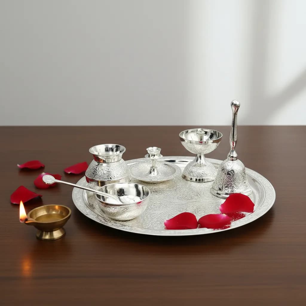 Silver plated Brass Pooja Thali set with Velvet Box (7 piece) — 4