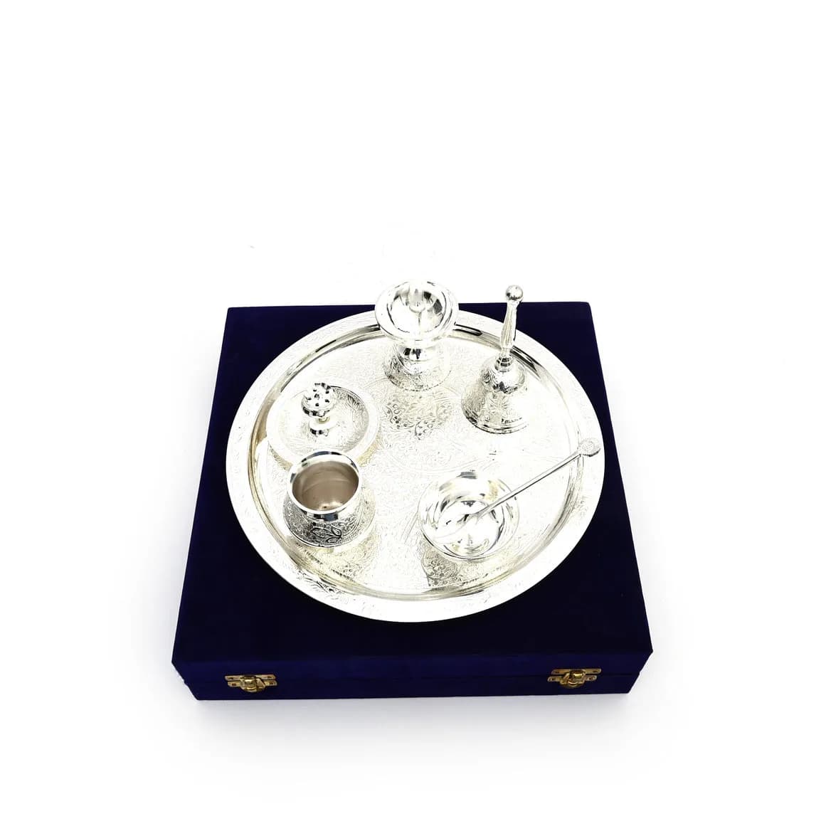 Silver plated Brass Pooja Thali set with Velvet Box (7 piece) — 3
