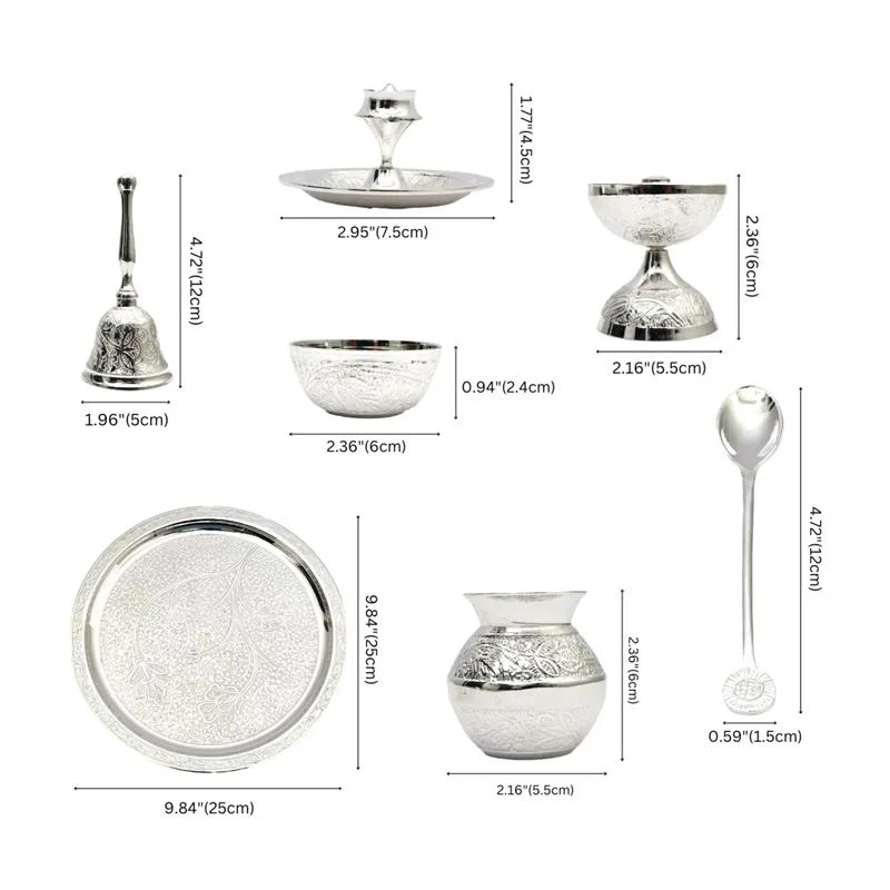 Silver plated Brass Pooja Thali set with Velvet Box (7 piece) — 10