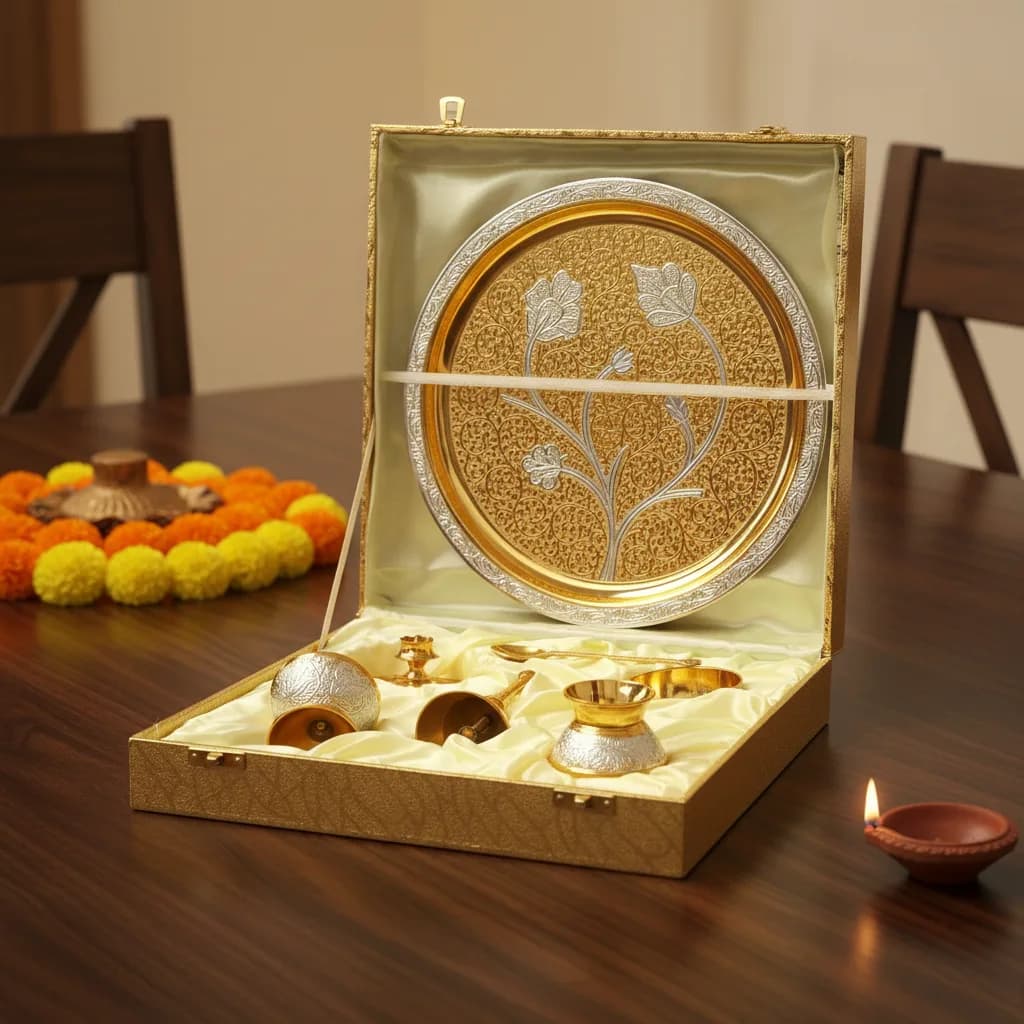 Handcrafted Embossed Pooja Thali - Premium Set for Pooja Rituals