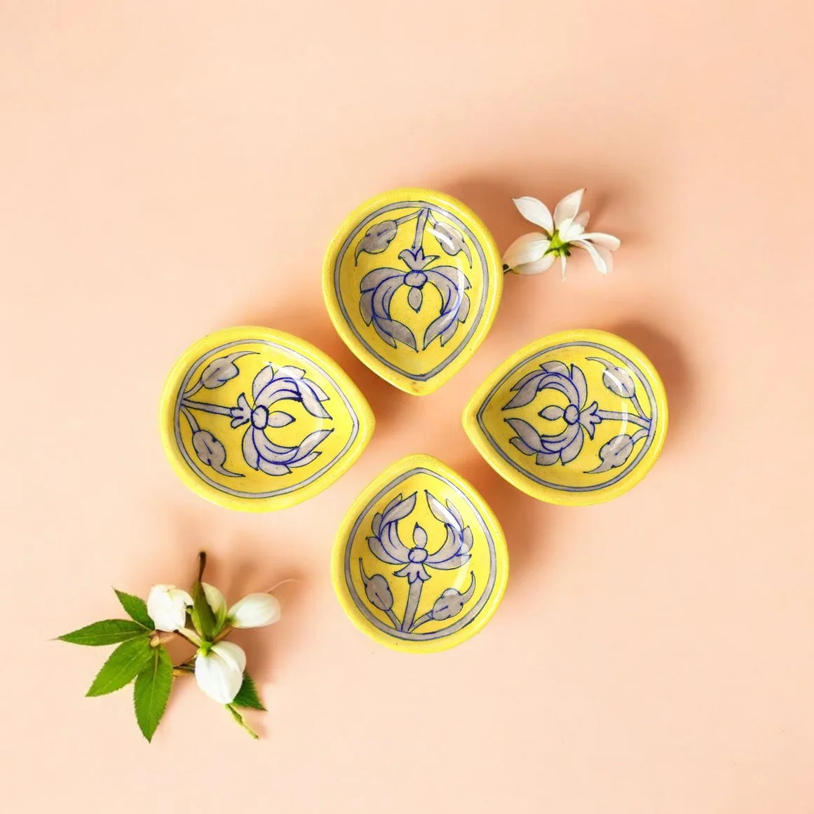 Blue Pottery Diyas - Set of 4 - Yellow