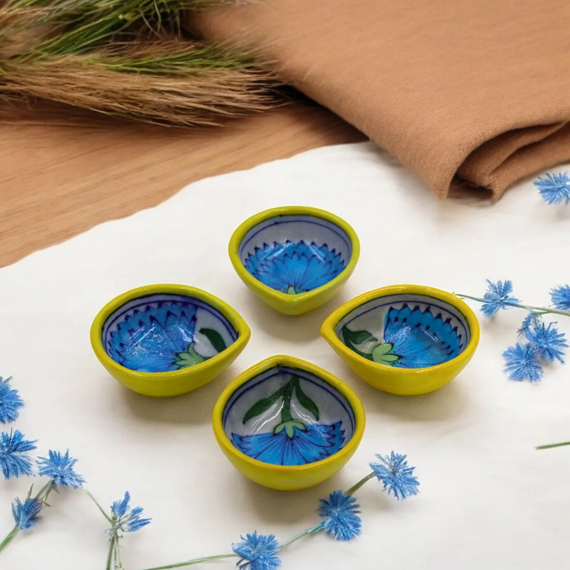 Blue Pottery Diya - Set of 4 - Yellow