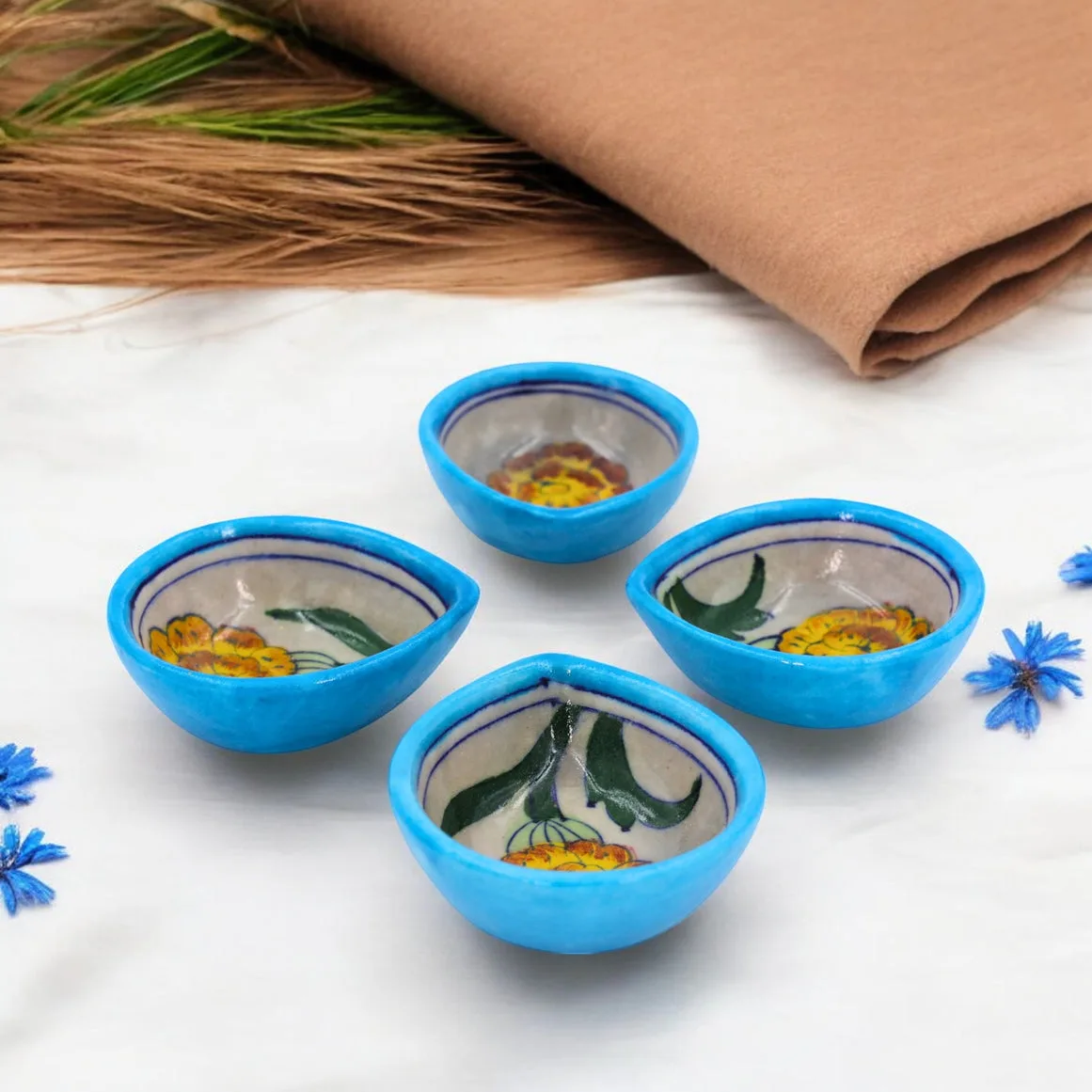Blue Pottery Diyas  - Sets of 4 - Yellow