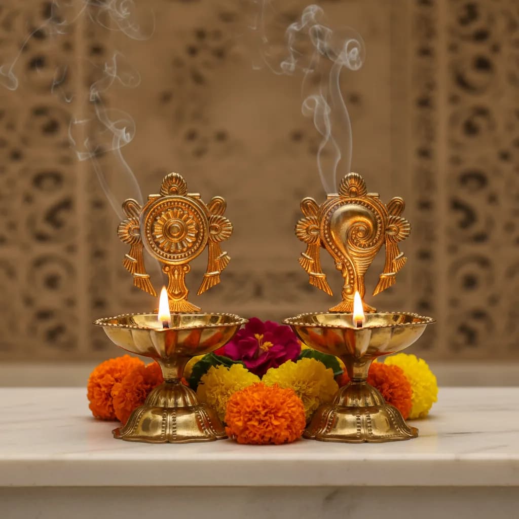 Pure Brass Shankh Chakra Diya – Pooja Essential (Pair of Two Diya)