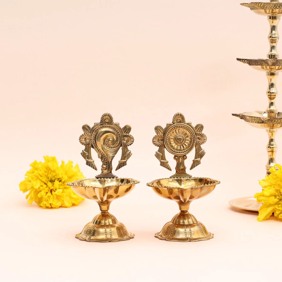 Pure Brass Shankh Chakra Diya – Pooja Essential (Pair of Two Diya) — 4