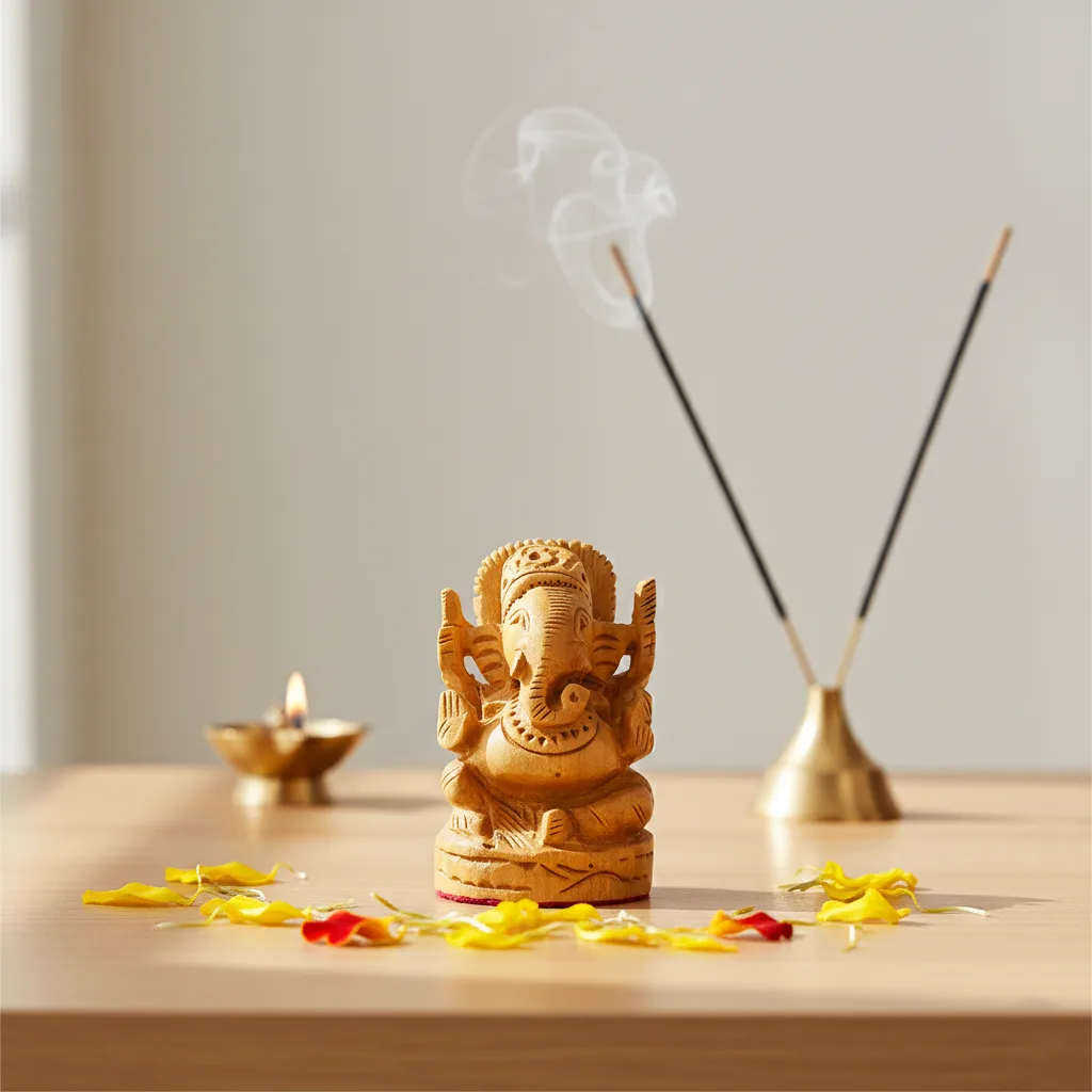 Hand-Carved Wooden Ganesh Idol - Eco-Friendly Décor Item — 1