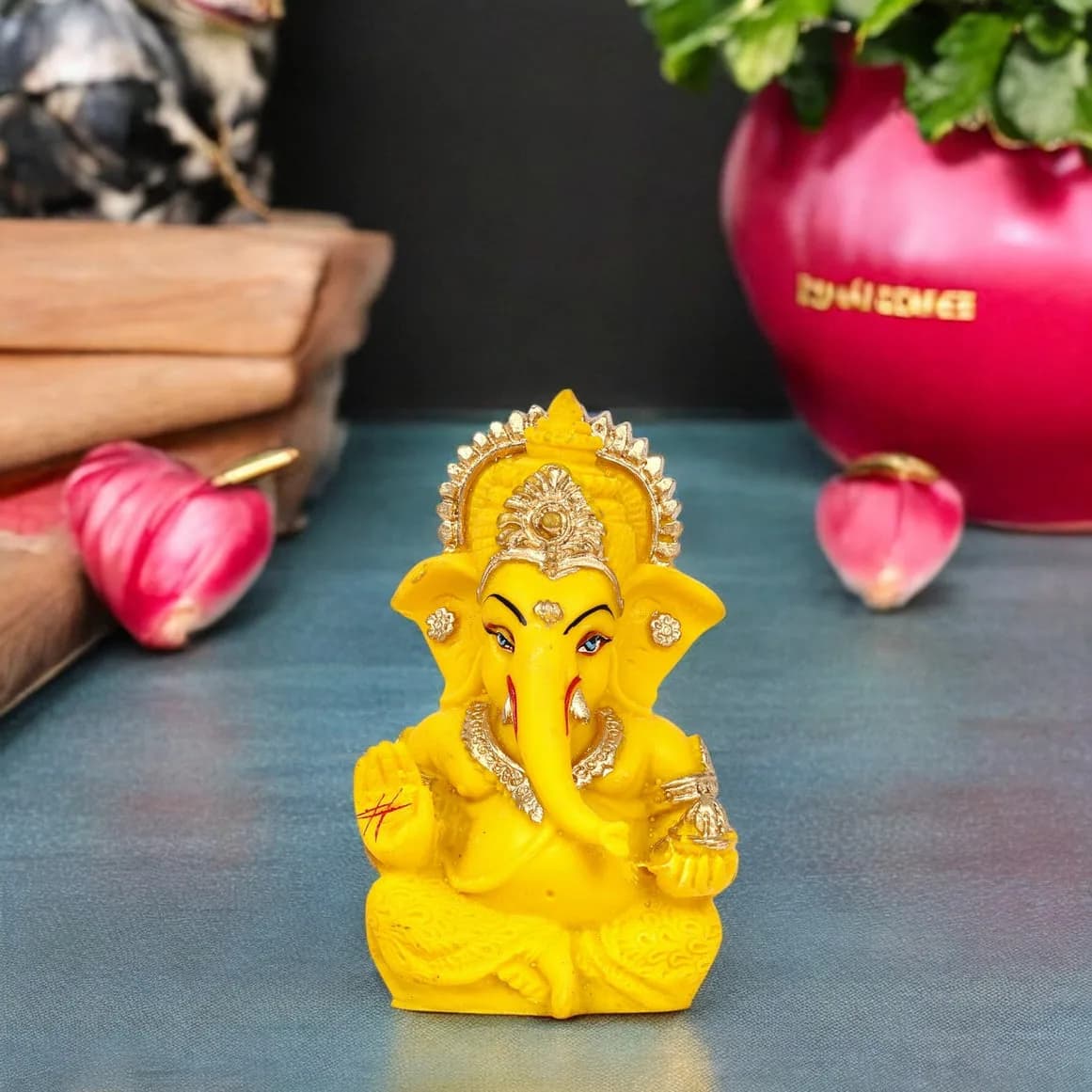 Yellow Decorative Ganesha Murti with Golden Detailing — 1