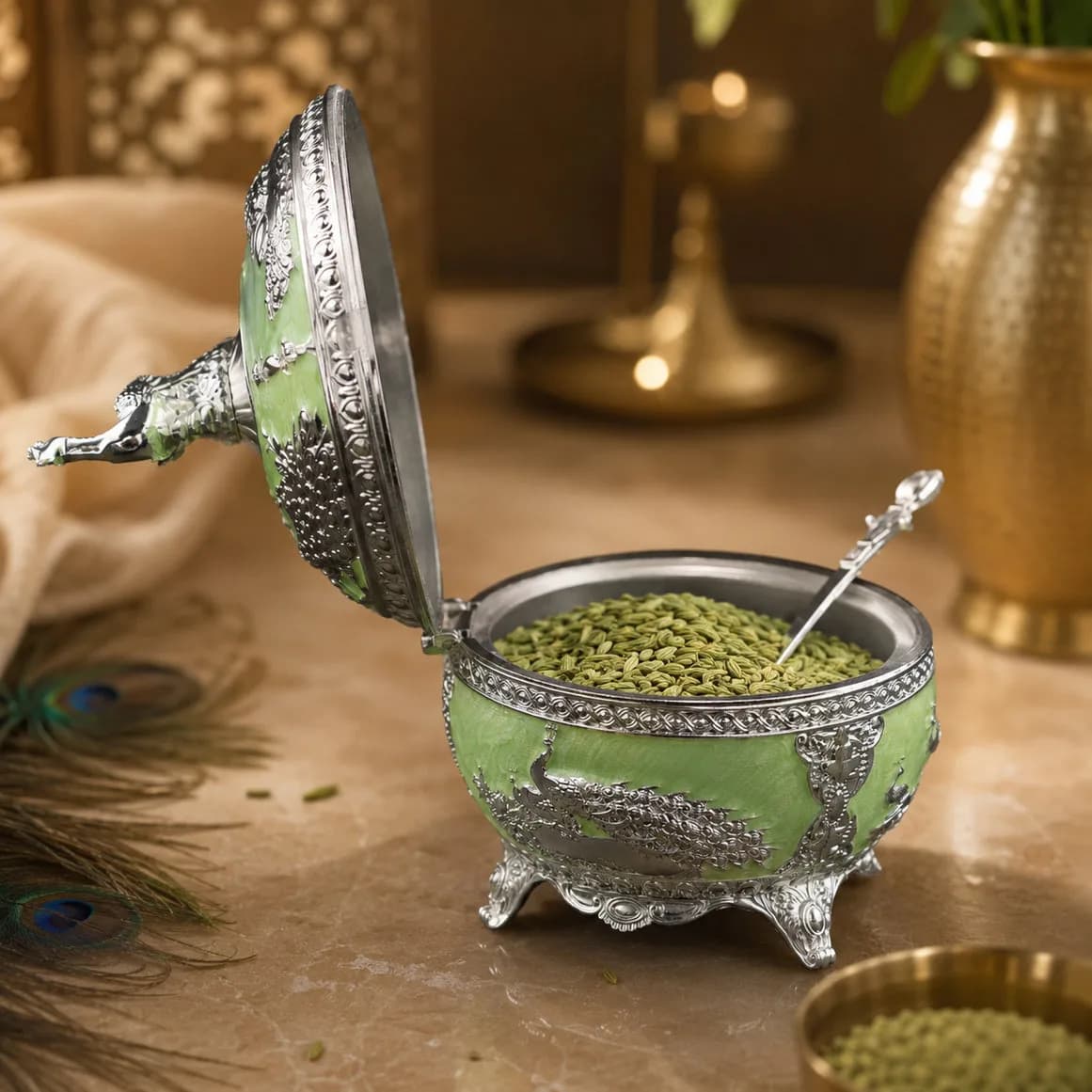 Pastel Green Peacock Serveware Bowl with Spoon/Sugar Pot – German Silver Item — 1