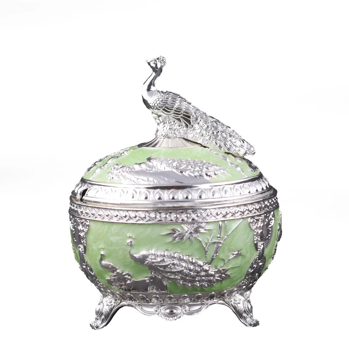 Pastel Green Peacock Serveware Bowl with Spoon/Sugar Pot – German Silver Item — 5
