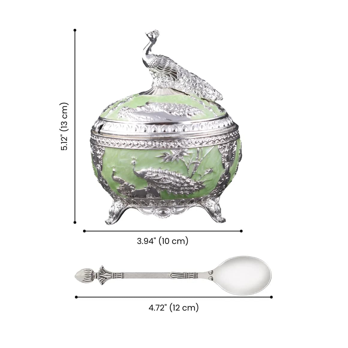Pastel Green Peacock Serveware Bowl with Spoon/Sugar Pot – German Silver Item — 3