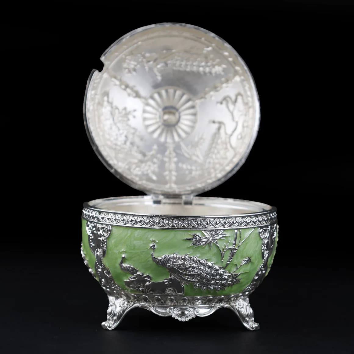 Pastel Green Peacock Serveware Bowl with Spoon/Sugar Pot – German Silver Item — 4