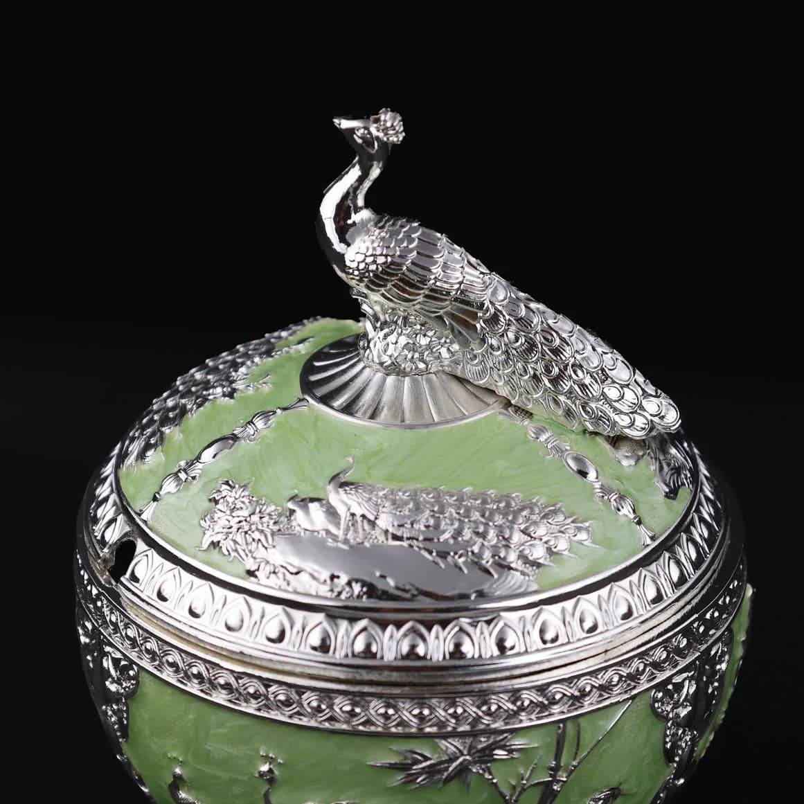 Pastel Green Peacock Serveware Bowl with Spoon/Sugar Pot – German Silver Item — 7