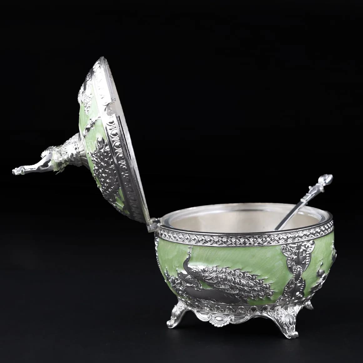 Pastel Green Peacock Serveware Bowl with Spoon/Sugar Pot – German Silver Item — 6