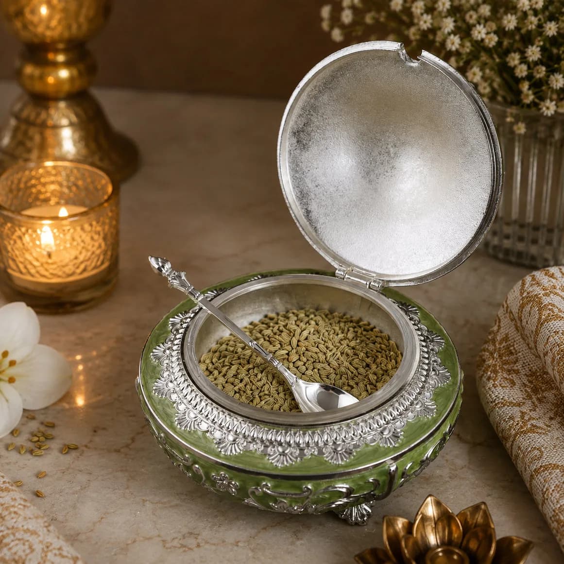 Handcrafted Pista Green Decorative Serveware with Spoon – German Silver Item — 1