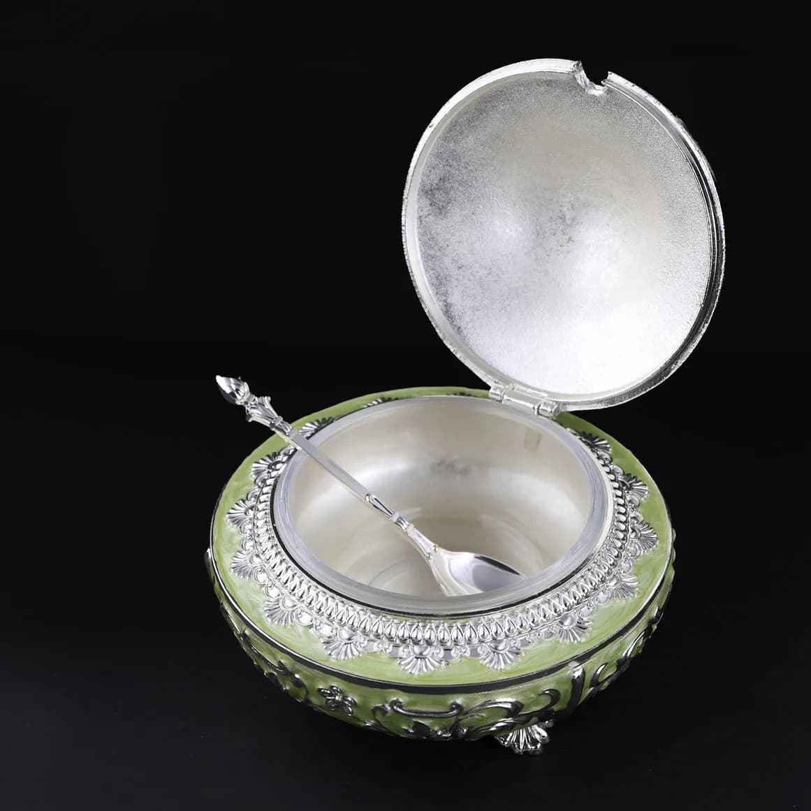 Handcrafted Pista Green Decorative Serveware with Spoon – German Silver Item — 4
