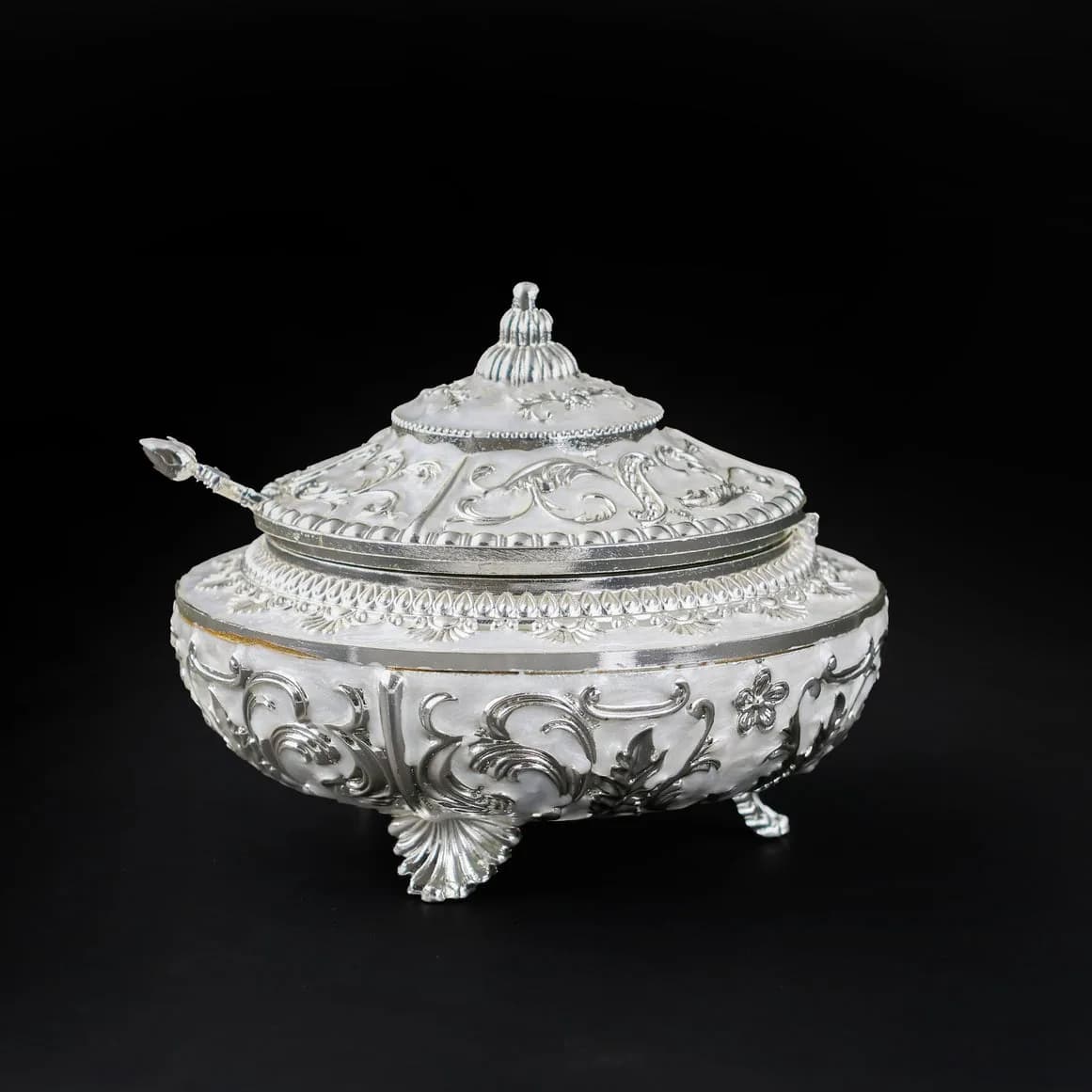 Handcrafted Domed-Shaped Decorative Serveware with a Spoon – German Silver Item — 3