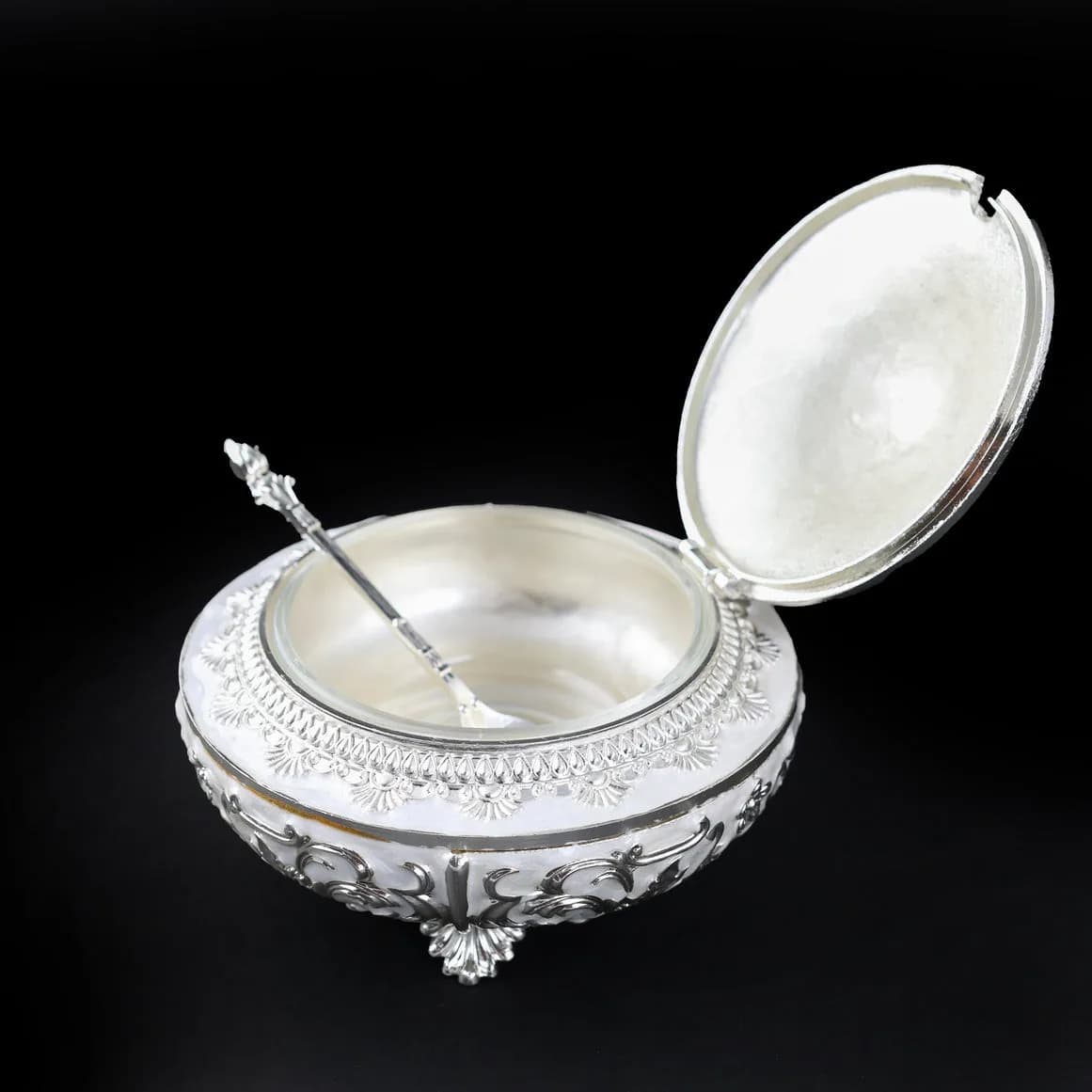 Handcrafted Domed-Shaped Decorative Serveware with a Spoon – German Silver Item — 5