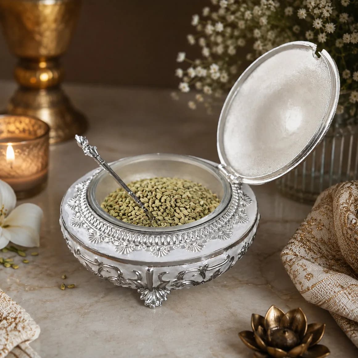 Handcrafted Domed-Shaped Decorative Serveware with a Spoon – German Silver Item — 1