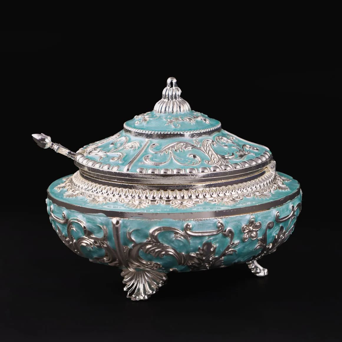 Handcrafted Pista  Blue Decorative Serveware with Spoon – German Silver Item — 4