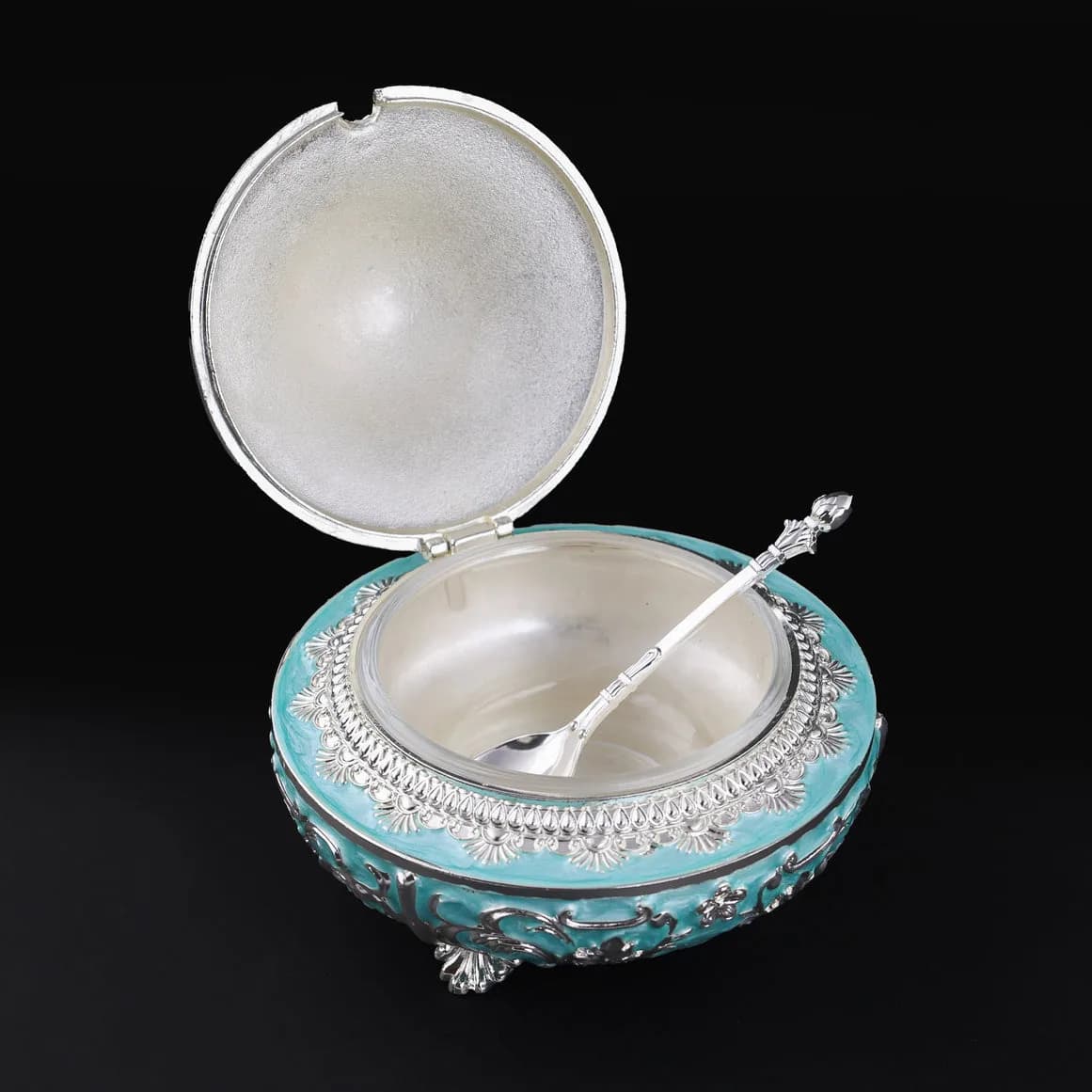 Handcrafted Pista  Blue Decorative Serveware with Spoon – German Silver Item — 5