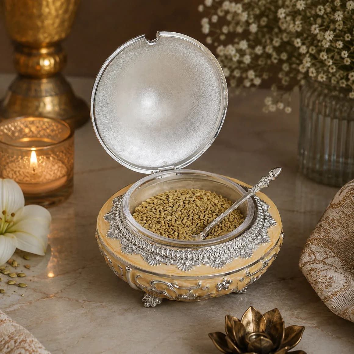 Handcrafted Pista Peach Decorative Serveware with Spoon – German Silver Item — 1