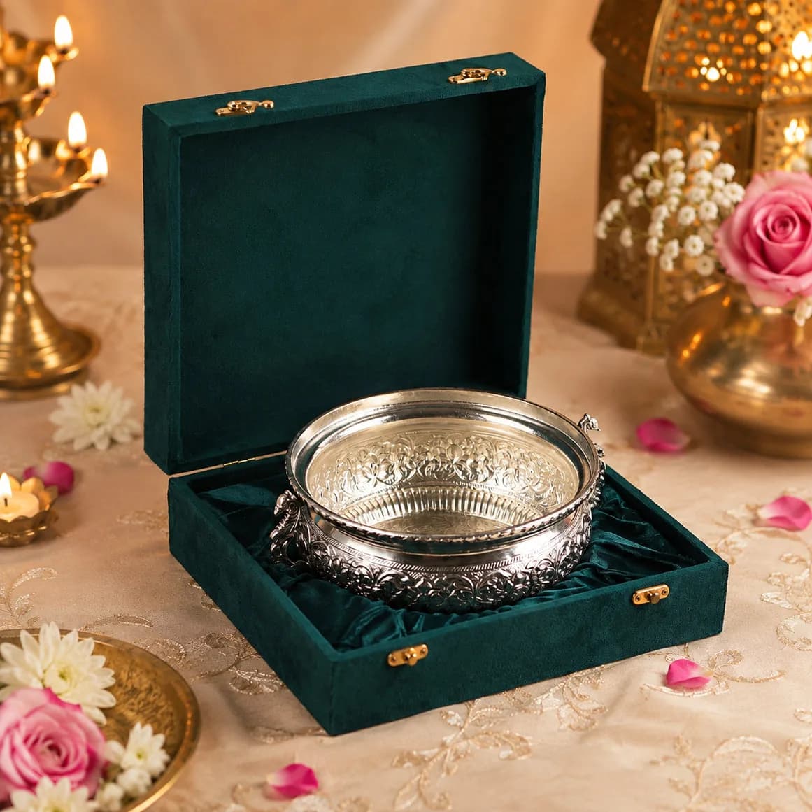 Handcrafted Decorative German Silver Peacock Urli Bowl — 1